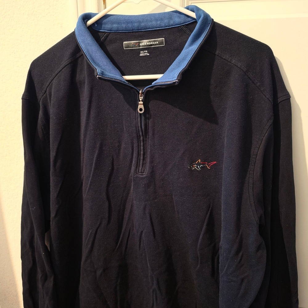 Greg Norman Mens XXL Black Blue Quarter Zip Pullover Long Sleeve Shark Logo